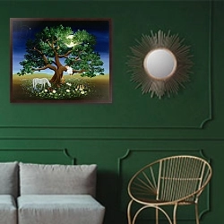 «Tree of Dreams, 1994» в интерьере классической гостиной с зеленой стеной над диваном