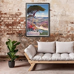«Poster advertising Hyeres, Provence» в интерьере гостиной в стиле лофт над диваном
