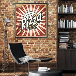 «Ретро плакат для пиццерии» в интерьере кабинета в стиле лофт с кирпичными стенами