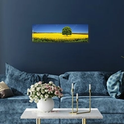 «Рапсовое поле 2» в интерьере стильной синей гостиной над диваном