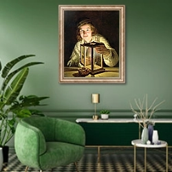 «The Young Stableboy with a Stable Lamp, 1824» в интерьере гостиной в зеленых тонах