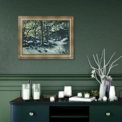 «Встреча снега в Фонтенбло» в интерьере гостиной в зеленых тонах