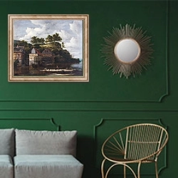 «Водяные мельницы и прачки» в интерьере классической гостиной с зеленой стеной над диваном