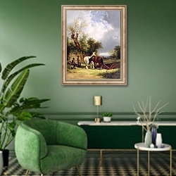 «Отдых пахарей» в интерьере гостиной в зеленых тонах