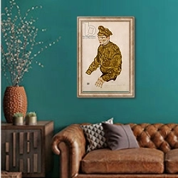 «Russian Prisoner of War, 1916» в интерьере гостиной с зеленой стеной над диваном