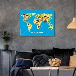 «Детская карта мира с животными №3» в интерьере гостиной в стиле лофт в серых тонах