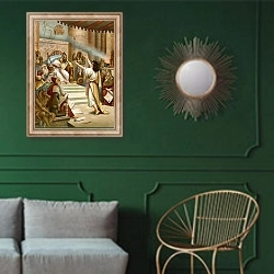 «Joseph interpreting the dreams of the Pharao» в интерьере классической гостиной с зеленой стеной над диваном