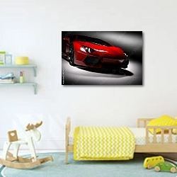 «Блестящий, новый, роскошный спортивный автомобиль» в интерьере детской комнаты для мальчика с игрушками