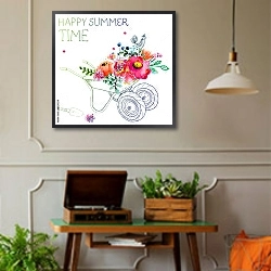 «Акварельные цветы и садовая тележка» в интерьере комнаты в стиле ретро с проигрывателем виниловых пластинок