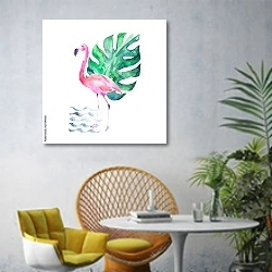 «Фламинго и тропический листок» в интерьере современной гостиной с желтым креслом