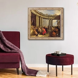 «Concert in a Circular Gallery, c.1718-19» в интерьере гостиной в бордовых тонах