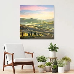 «Уникальный пейзаж Тосканы на рассвете» в интерьере современной комнаты над креслом