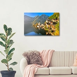 «Австрия, Гальштатт. Вид на утреннюю деревню №1» в интерьере современной светлой гостиной над диваном