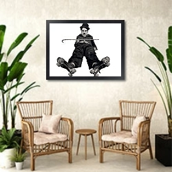 «Chaplin, Charlie (Rink, The)» в интерьере комнаты в стиле ретро с плетеными креслами