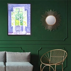 «Cedars Through the Window, 1987» в интерьере классической гостиной с зеленой стеной над диваном