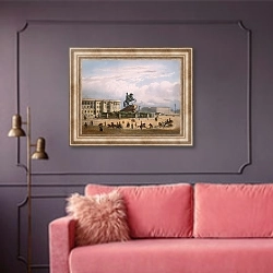 «Вид Сенатской площади» в интерьере гостиной с розовым диваном