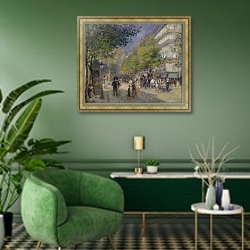 «The Boulevards, 1875» в интерьере гостиной в зеленых тонах