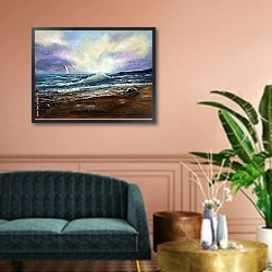 «Песчаный берег с набегающими волнами» в интерьере гостиной с розовым диваном