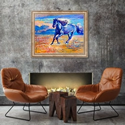 «Синяя лошадь» в интерьере в стиле лофт с бетонной стеной над камином
