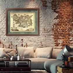 «Карта Исландии. 17 век» в интерьере гостиной в стиле лофт с кирпичной стеной