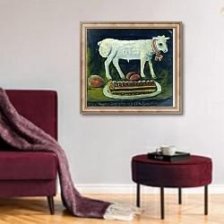 «A paschal lamb, 1914» в интерьере гостиной в бордовых тонах