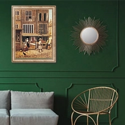 «Corner of a Town with a Bakery» в интерьере классической гостиной с зеленой стеной над диваном