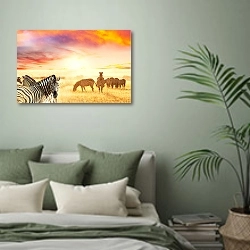 «Африканский пейзаж с зебрами» в интерьере современной спальни в зеленых тонах