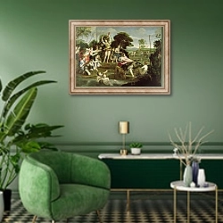 «The Hunt of Diana, 1616-17» в интерьере гостиной в зеленых тонах