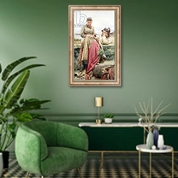 «Lover and his Lass, 1884» в интерьере гостиной в зеленых тонах