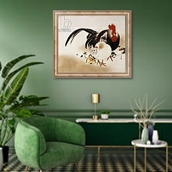 «Hanging scroll depicting a Cockerel, hen and chicks» в интерьере гостиной в зеленых тонах