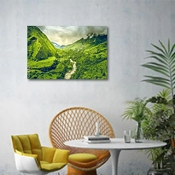 «Непал. Зеленый горный пейзаж» в интерьере современной гостиной с желтым креслом