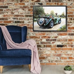 «Автомобили в искусстве 34» в интерьере в стиле лофт с кирпичной стеной и синим креслом