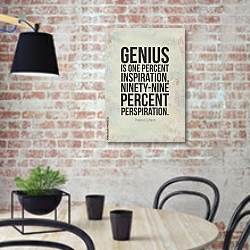 «Мотивационный плакат с цитатой Томаса Эдисона» в интерьере кухни в стиле лофт с кирпичной стеной