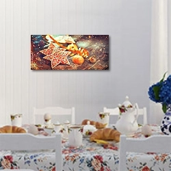 «Рождественские пряники на деревянном столе украшены гирляндой и свечами» в интерьере кухни в стиле прованс над столом с завтраком