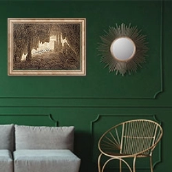 «Skeleton in the Cave» в интерьере классической гостиной с зеленой стеной над диваном