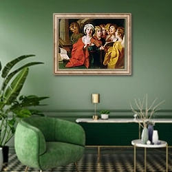 «St. Cecilia with a Choir» в интерьере гостиной в зеленых тонах