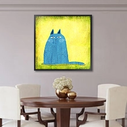 «Синий грустный кот на желтом фоне» в интерьере классической гостиной с зеленой стеной над диваном