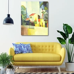 «Яркий дом» в интерьере современной гостиной с желтым диваном