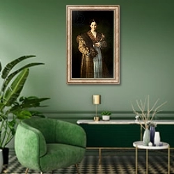 «Portrait of Antea 'La Bella', 1535-37» в интерьере гостиной в зеленых тонах