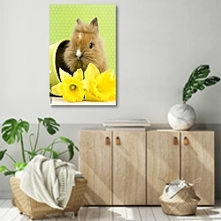 «Кролик с желтыми цветами» в интерьере современной комнаты над комодом