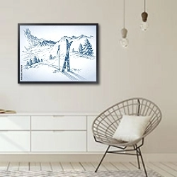 «Лыжи в снегу на горном спуске» в интерьере белой комнаты в скандинавском стиле над комодом