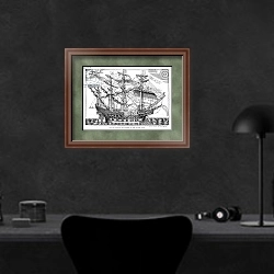 «The Ark Raleigh, the Flagship of the English Fleet, from 'Leisure Hour', 1888» в интерьере кабинета в черных цветах над столом