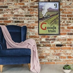 «G, Goods train» в интерьере в стиле лофт с кирпичной стеной и синим креслом