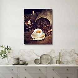 «Мешок кофе со старый кофемолкой» в интерьере кухни в серых тонах