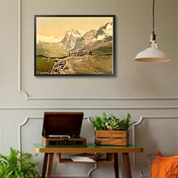 «Швейцария. Горный перевал Клайне-Шайдер и гора Веттерхорн» в интерьере комнаты в стиле ретро с проигрывателем виниловых пластинок
