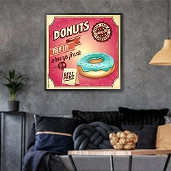 «Ретро плакат с голубым пончиком» в интерьере гостиной в стиле лофт в серых тонах