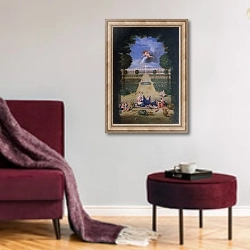 «The Groves of Versailles. View of the parterres of Trianon with Flora and Zephyr» в интерьере гостиной в бордовых тонах