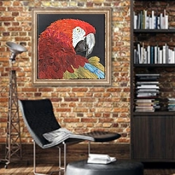 «Red Macaw Parrot» в интерьере кабинета в стиле лофт с кирпичными стенами