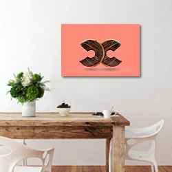 «Два пончика на розовом фоне» в интерьере кухни с деревянным столом