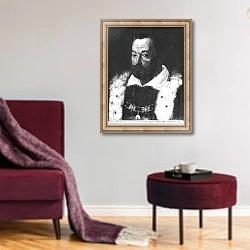 «Portrait of Christopher Columbus 2» в интерьере гостиной в бордовых тонах